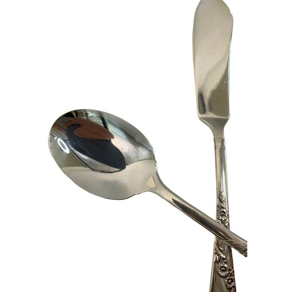 Bridal Wreath VTG 50s Oneida Tudor Plate Butter knife Jelly Spoon Set 7593 - Picture 4 of 6